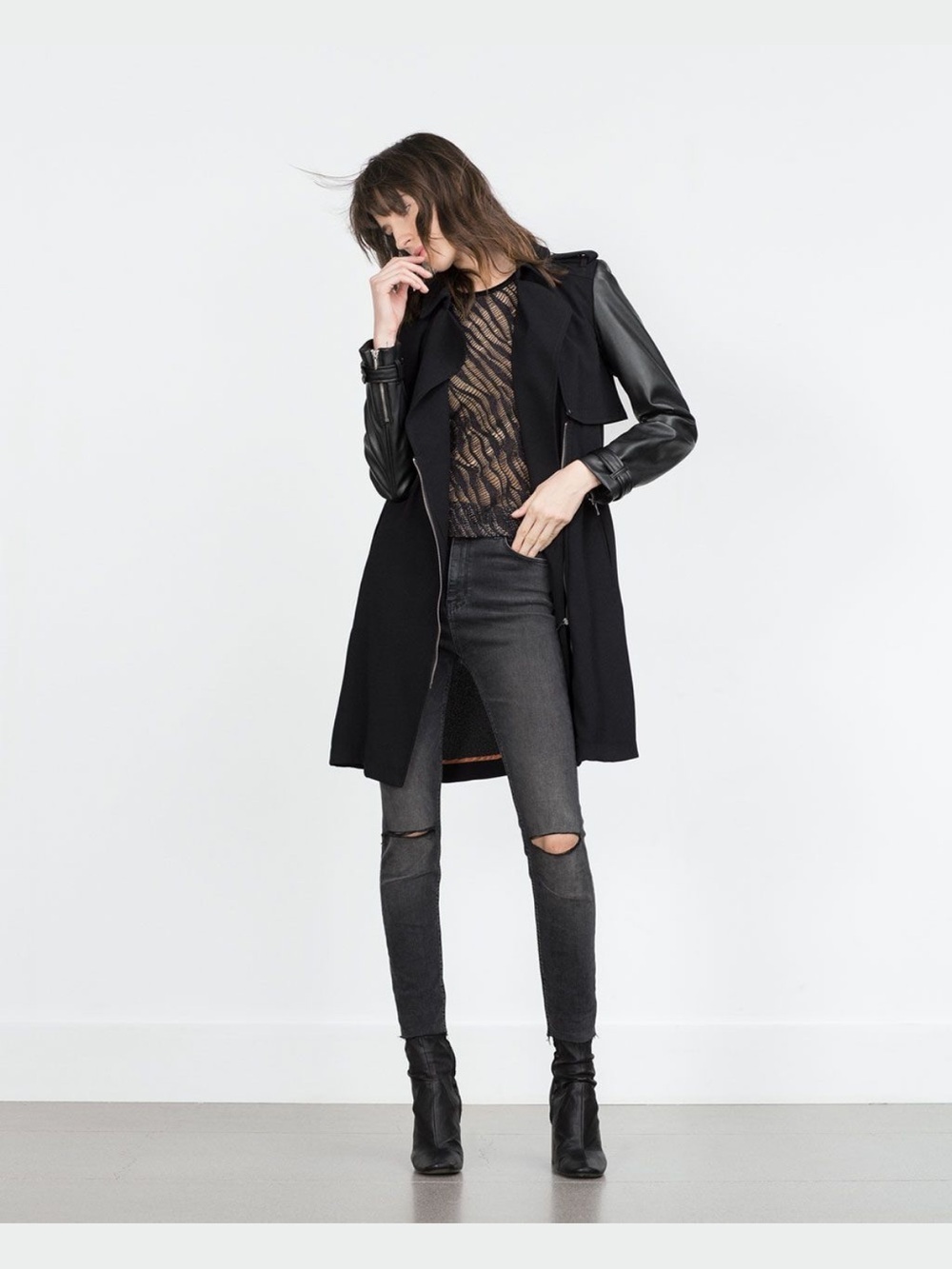 Zara Black Mixed-Material Trench Coat